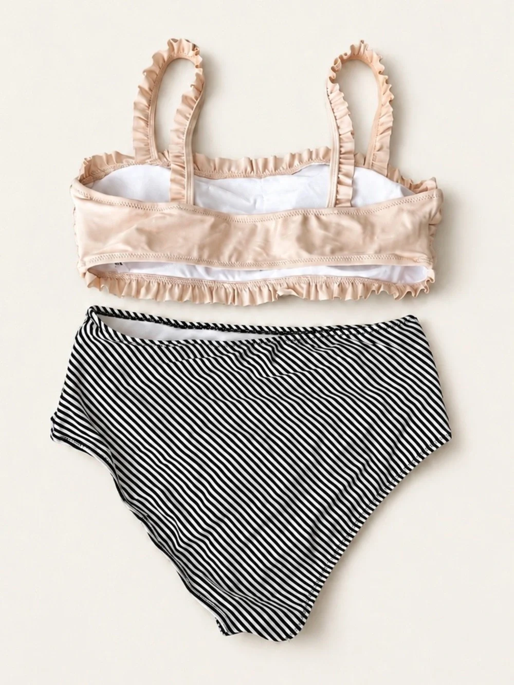 Ruffled Pale Pink Bikini Top with Black & White Striped High-Waist Bottoms